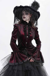 Blouse gothique rouge à col montant, manches longues évasées, à volants et queue d'hirondelle pour femmes